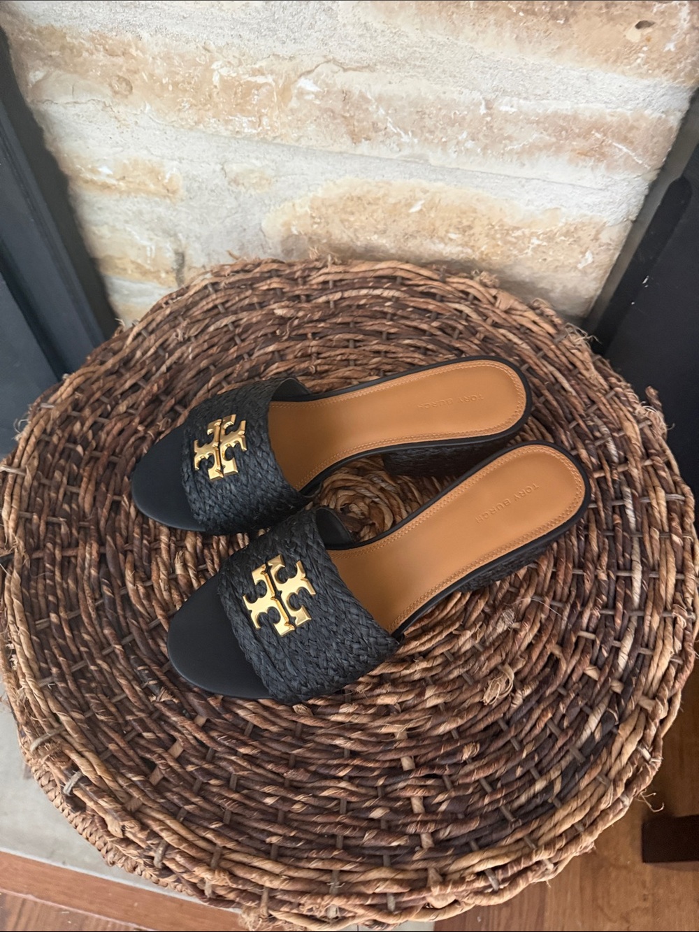 Tory Burch Black Raffia Slide with Gold Logo Medallion